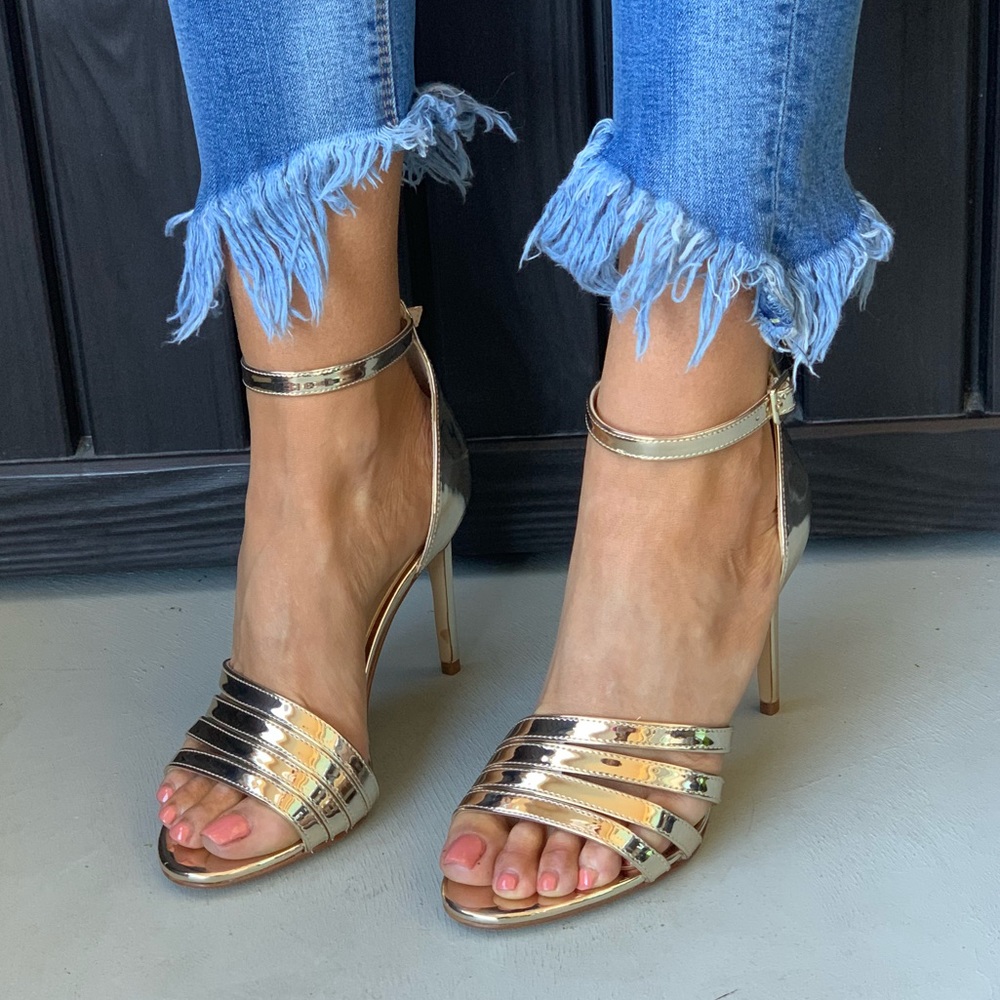 Liquid Drip Gold High Stiletto Heel Strappy Sandal - Picture 3 of 6